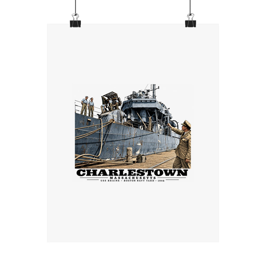Illustrated USS Braine at Boston Navy Yard in Charlestown on unframed matte poster