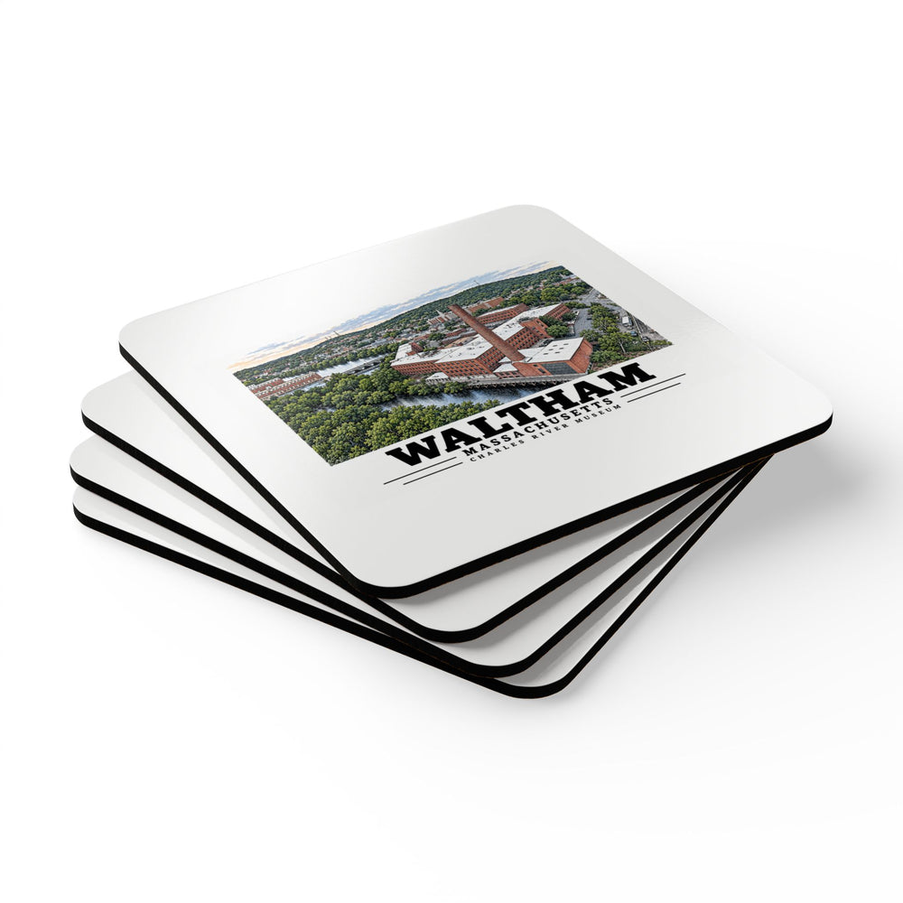 Angled stack of four coasters showing Waltham Charles River Museum artwork.