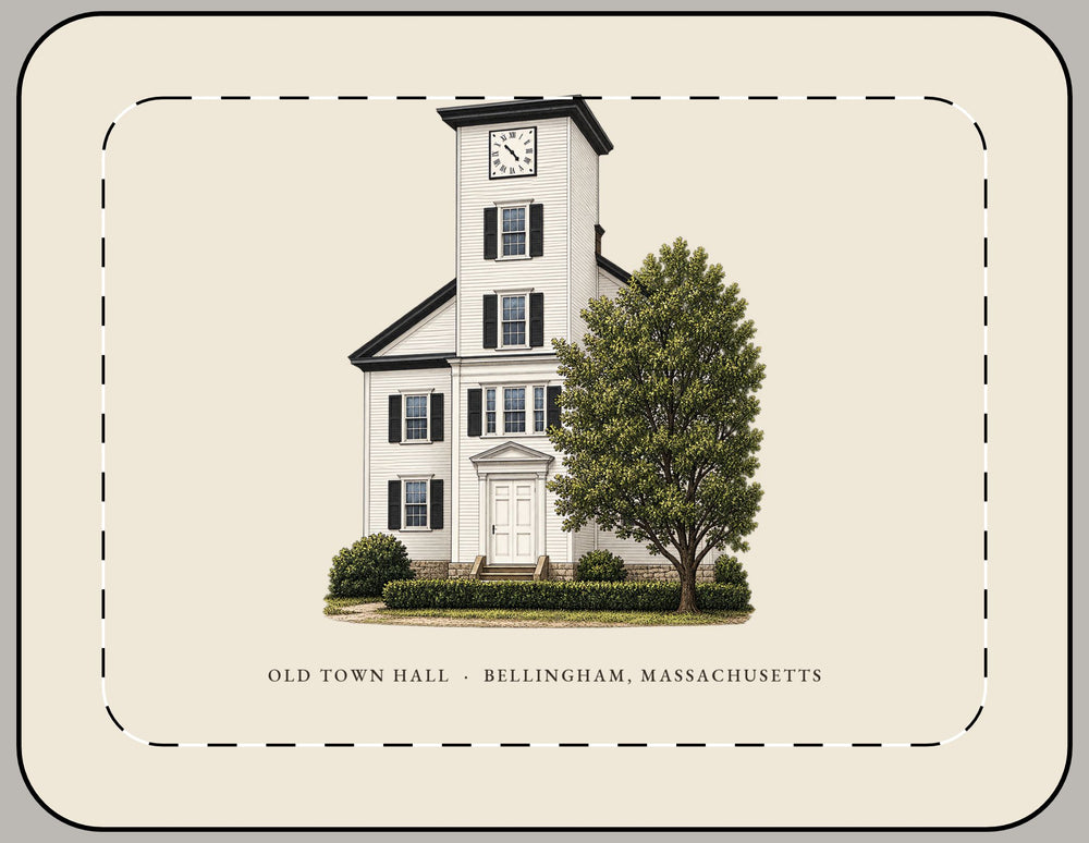 Bellingham Old Town Hall 15-inch laptop sleeve mockup showing the full illustrated print