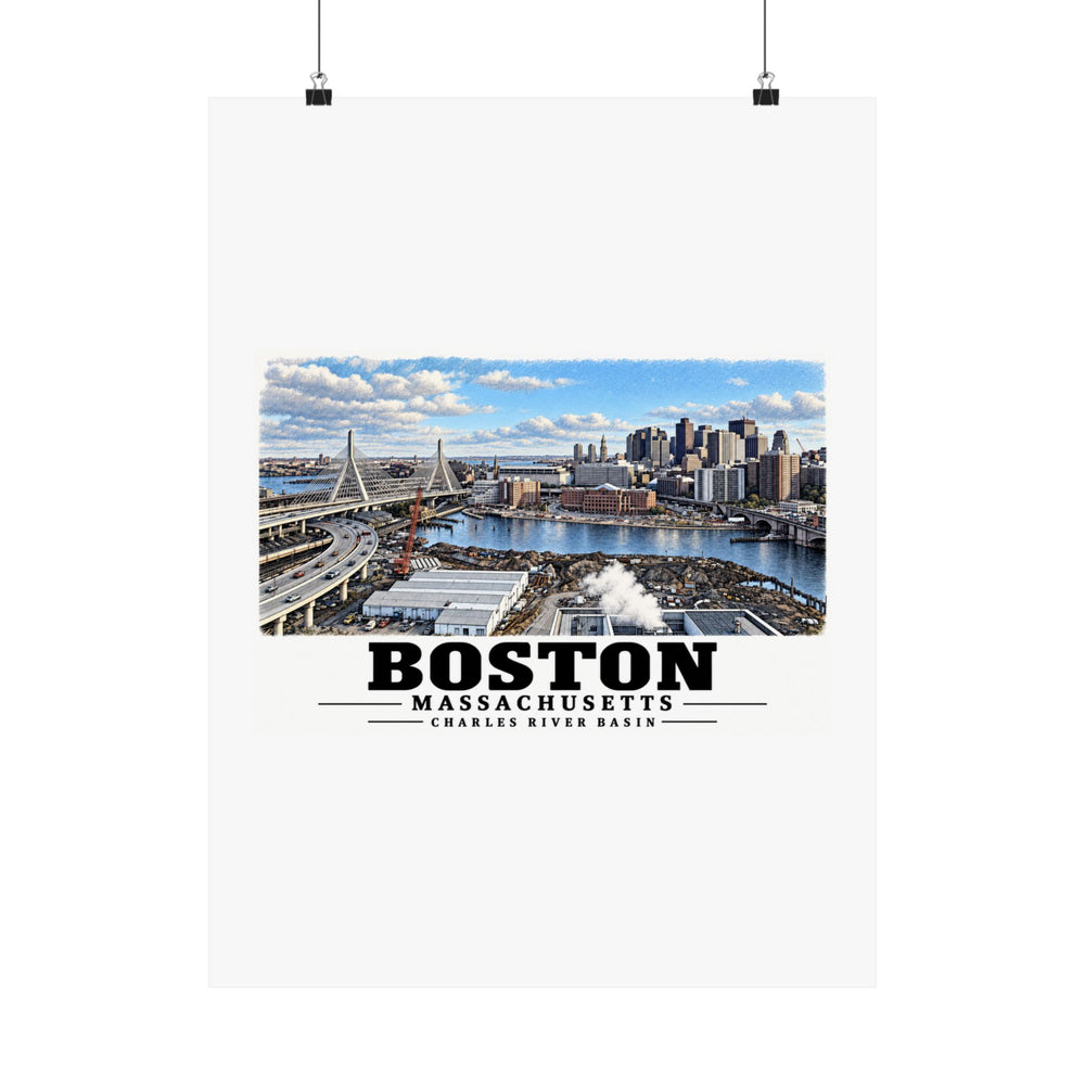 Boston skyline, cable-stayed bridge and Charles River basin poster with Boston lettering hanging from two binder clips
