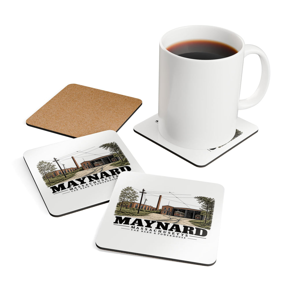 Illustrated Car Barn & Powerhouse in Maynard on corkwood coaster set