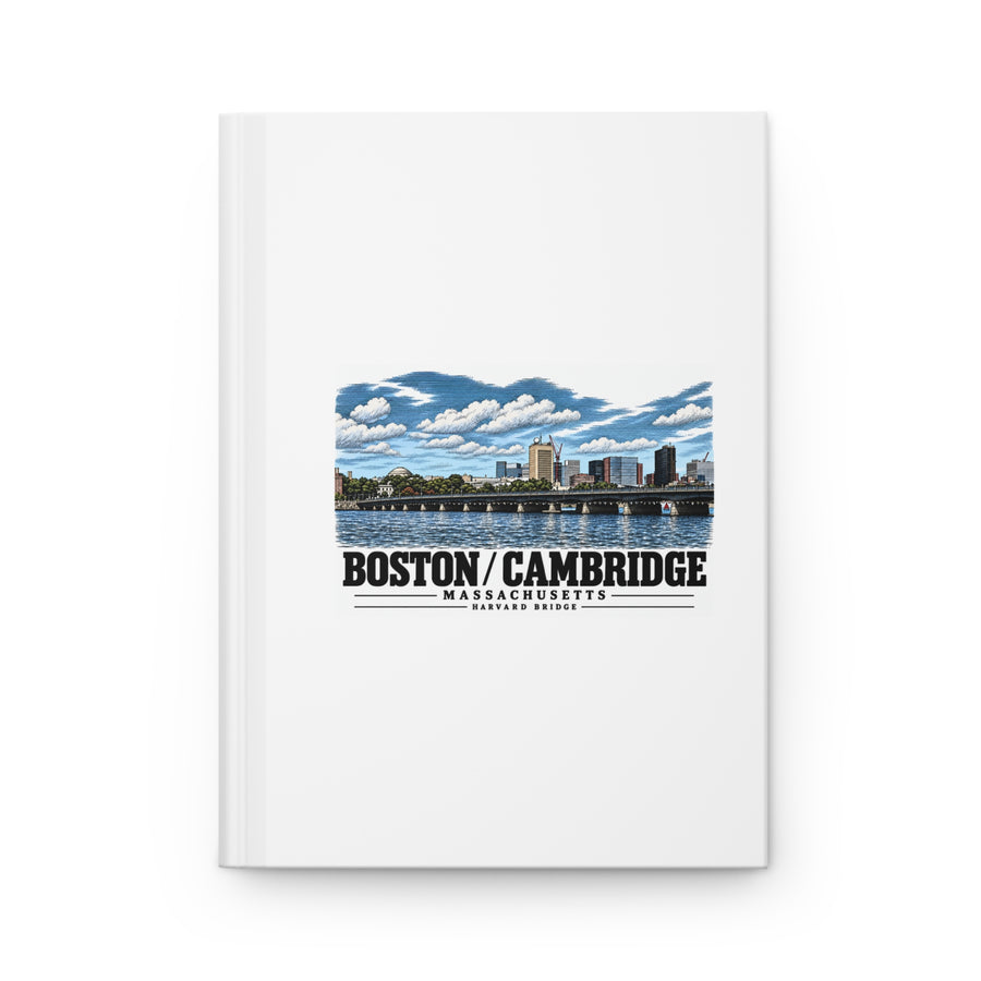 White hardcover journal with Harvard Bridge river and skyline view artwork and Boston/Cambridge lettering