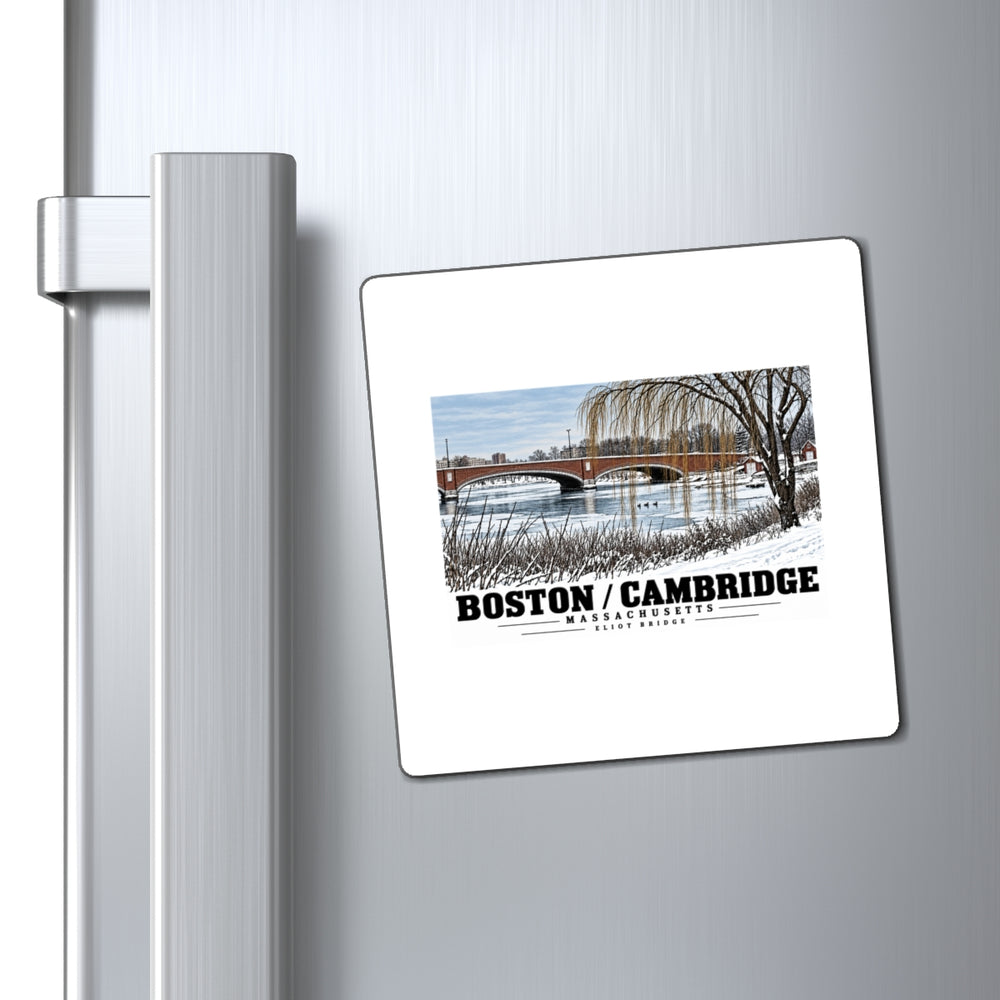 Eliot Bridge winter river view with snow and bare trees magnet on a refrigerator beside its handle