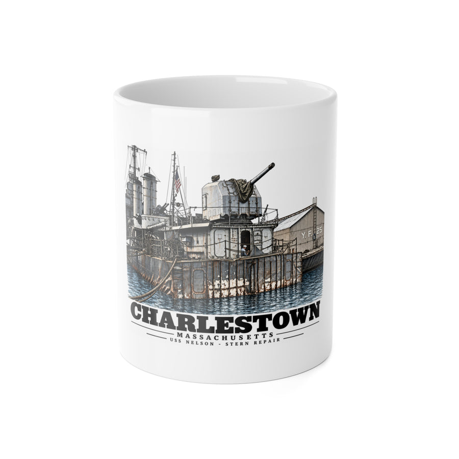 Front of white 11 oz ceramic mug with USS Nelson stern repair artwork and Charlestown lettering