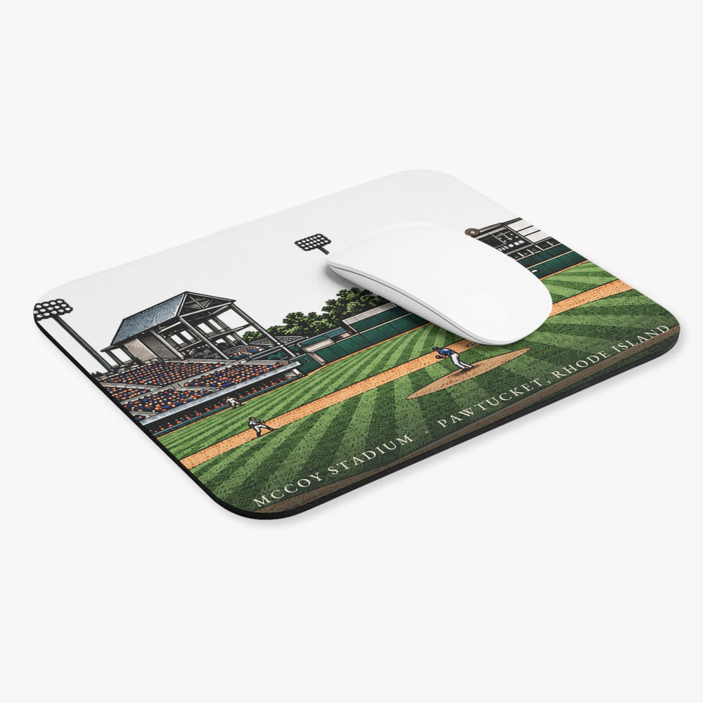 Pawtucket McCoy Stadium mouse pad shown on a desk with a mouse