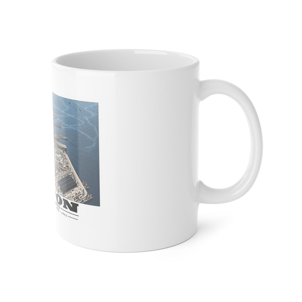 Aerial view of US Naval Dry Dock-BB-61 USS IOWA in dry dock #3-USS BUNKER HILL at East Jetty-AP-21 USS WAKEFIELD at pier 11 oz White Ceramic Mug - Boston Harbor