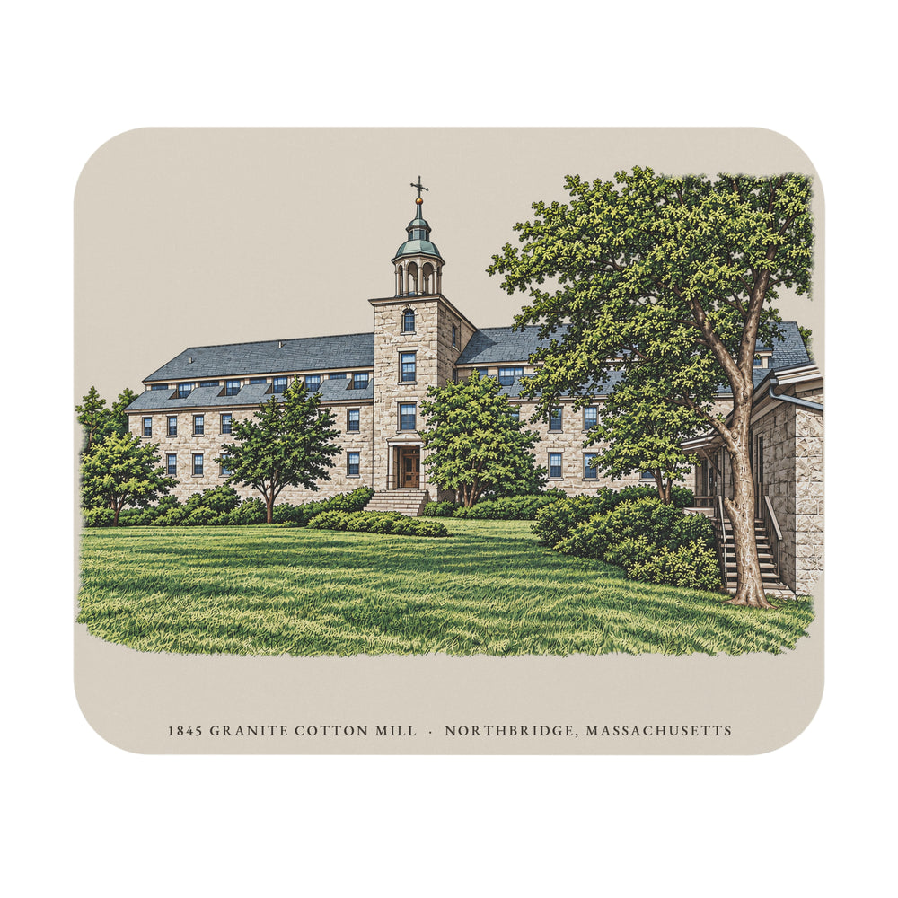 Northbridge 1845 Granite Cotton Mill mouse pad mockup showing the full illustrated print