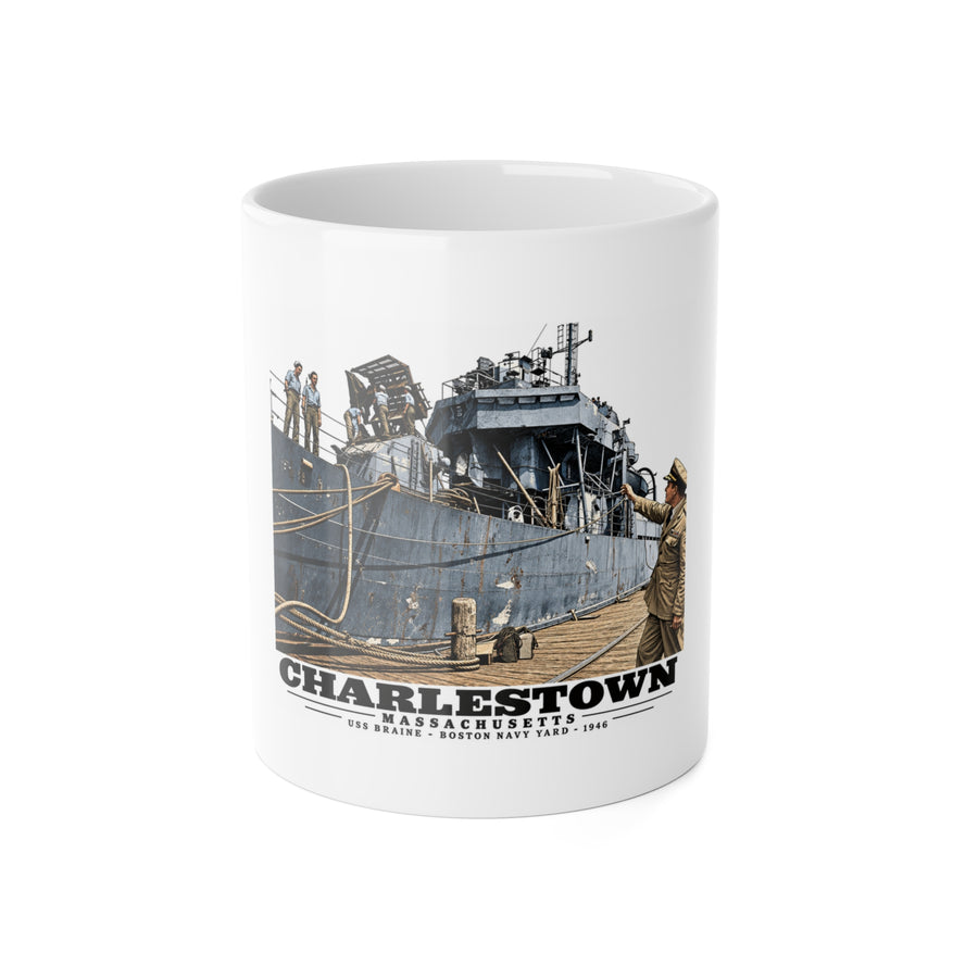 Illustrated USS Braine at Boston Navy Yard in Charlestown on ceramic mug