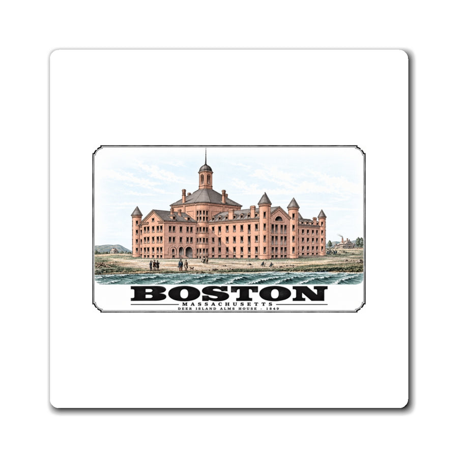 White square magnet showing large symmetrical alms house building, grounds and figures artwork and Boston lettering