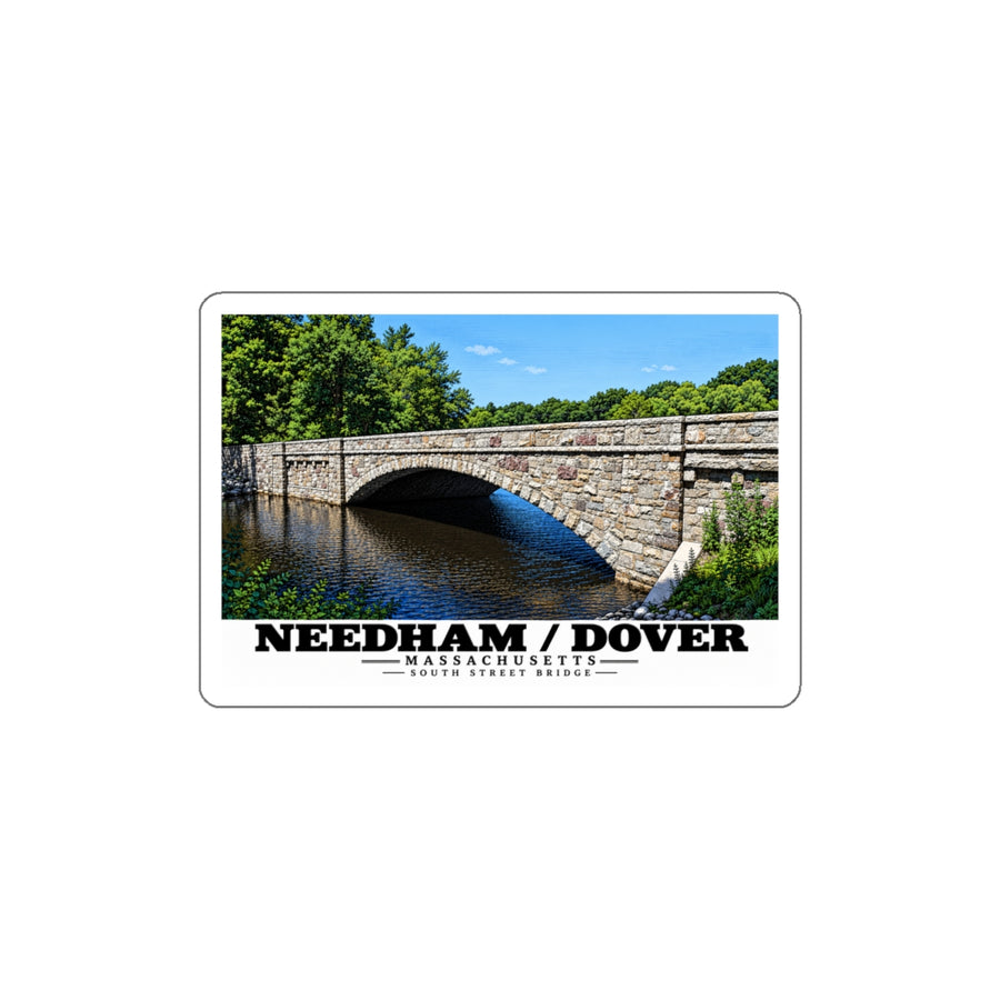 White bordered sticker showing South Street Bridge stone arch and river artwork and Needham/Dover lettering