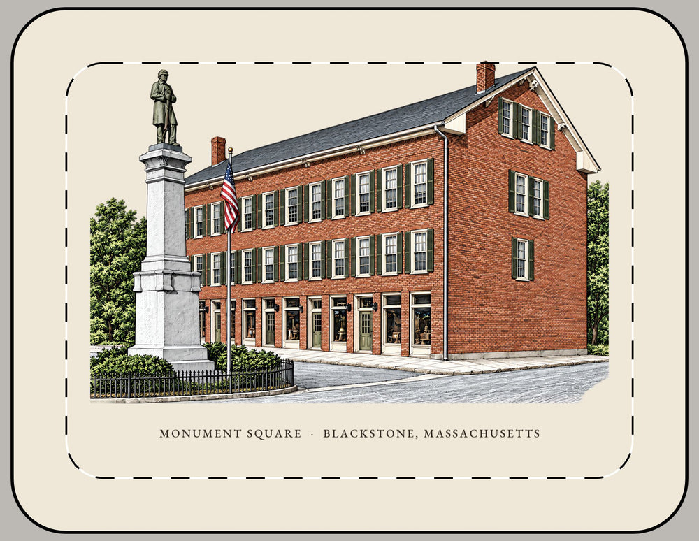 Blackstone Monument Square / Blackstone Block 15-inch laptop sleeve mockup showing the full illustrated print