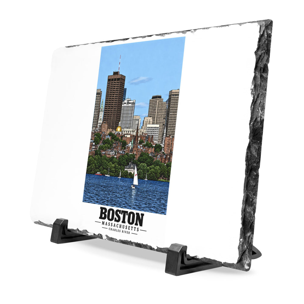 Illustrated View of Boston, Massachusetts, from the Charles River in Boston and Cambridge on slate desk plaque