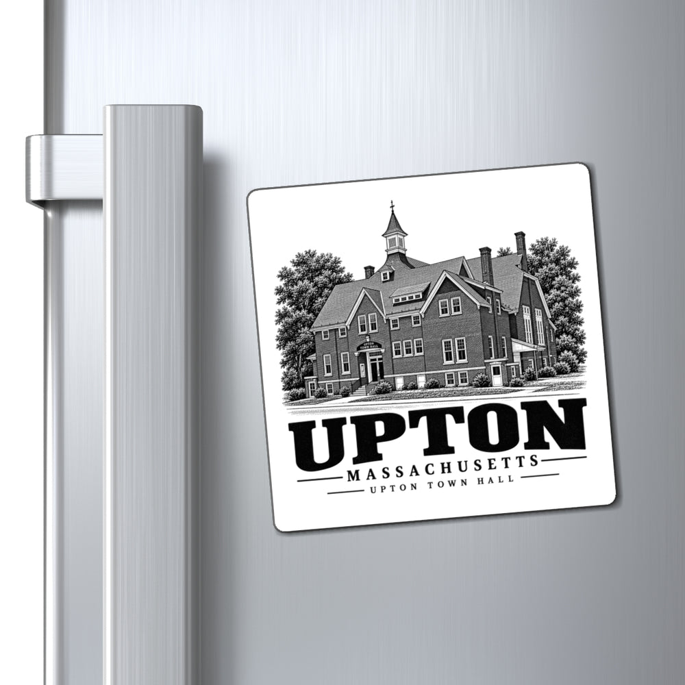 Upton Town Hall 4-inch magnet displayed on a refrigerator