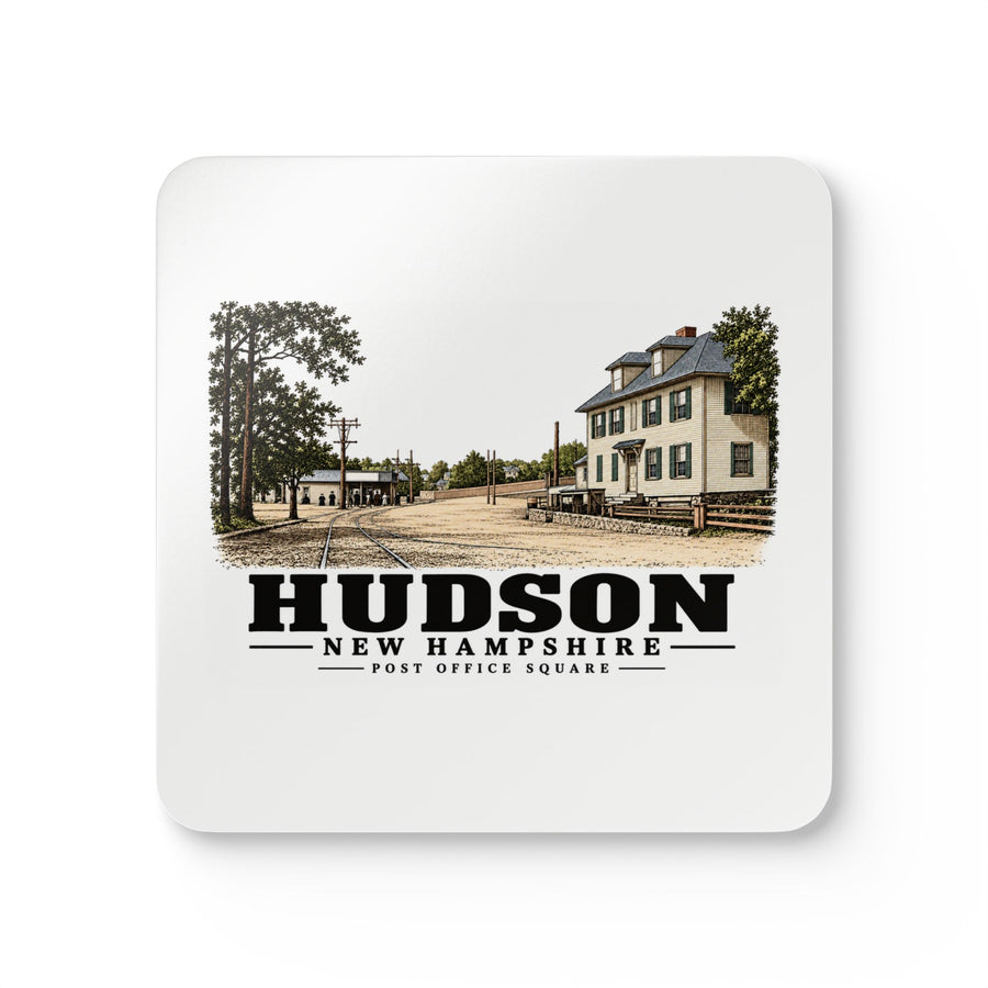 Front of Post Office Square square cork-backed coaster set, Hudson, New Hampshire.