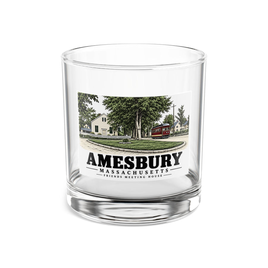 Front of Friends Meeting House rocks glass, with Amesbury, Massachusetts artwork and lettering.