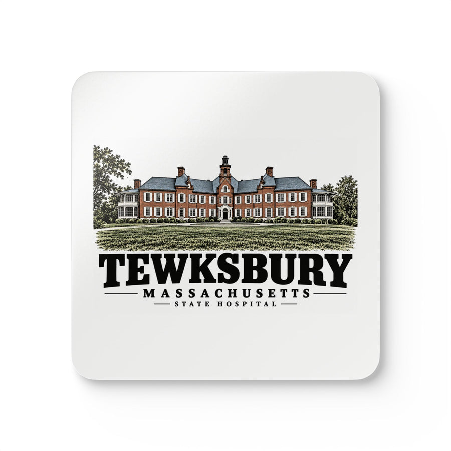 Front of State Hospital square cork-backed coaster set, Tewksbury, Massachusetts.