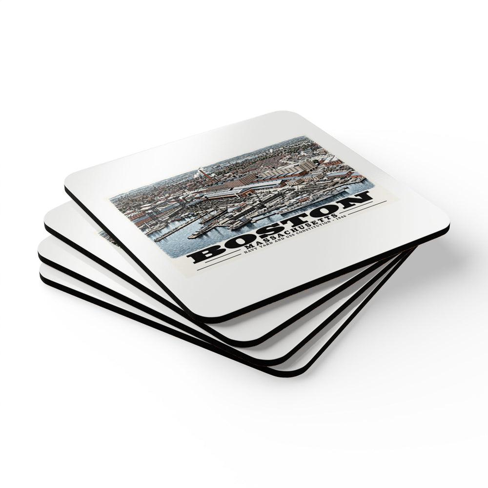 Aerial view Dry Dock #5 USS CONSTITUTION at pier Shipways #1 Degaussing Station Cork-Backed Coaster Set (4 pieces) — Boston Harbor