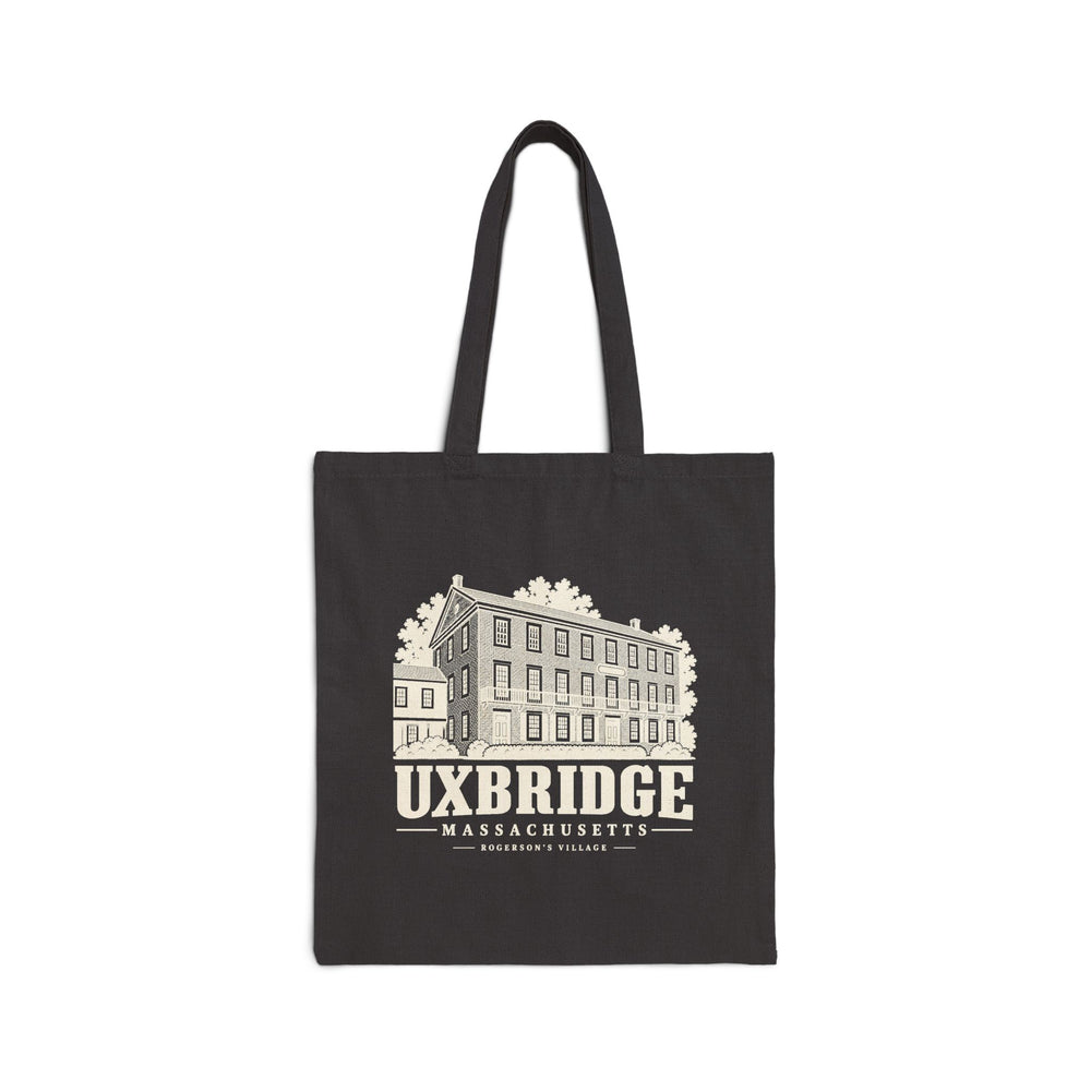 Black canvas tote with Uxbridge Rogerson's Village artwork, front view