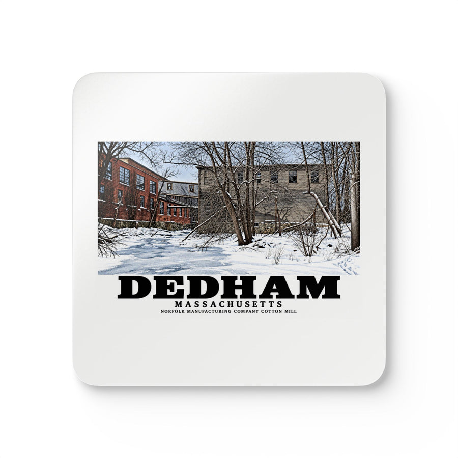 Illustrated Norfolk Manufacturing Company Cotton Mill in Dedham on corkwood coaster set