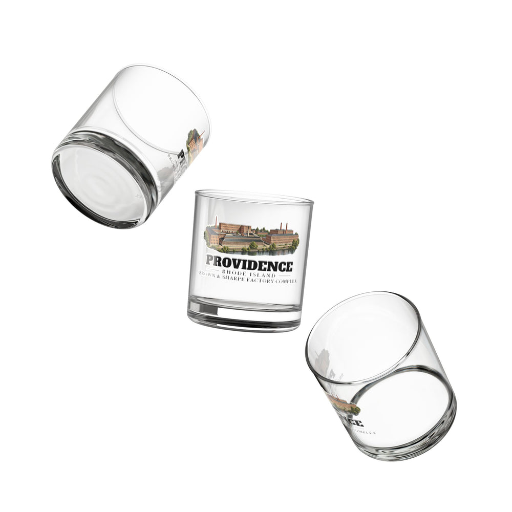 Angled view of Providence Brown & Sharpe Factory Complex 10 oz Rocks Glass