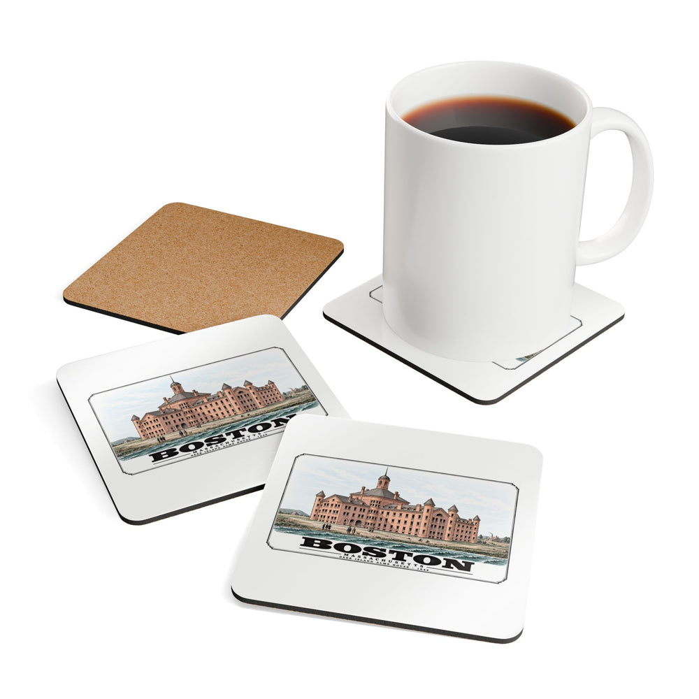 Coasters showing large symmetrical alms house building, grounds and figures artwork beside a plain white mug of coffee and a coaster's cork reverse