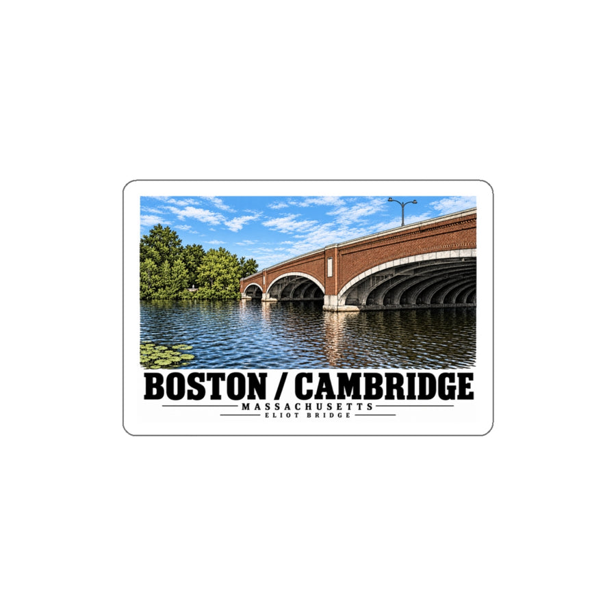 White bordered sticker showing Eliot Bridge close red brick arch view artwork and Boston/Cambridge lettering