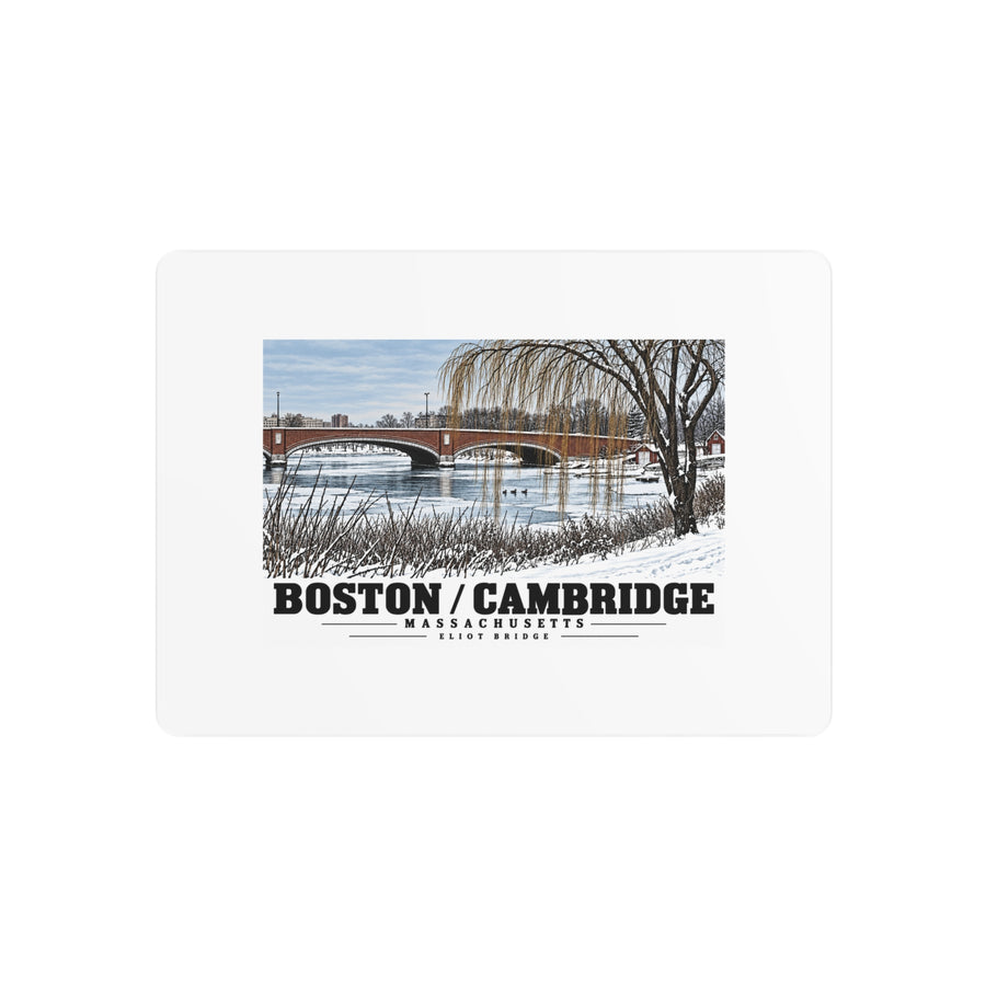 Metal wall print showing Eliot Bridge winter river view with snow and bare trees artwork and Boston/Cambridge lettering