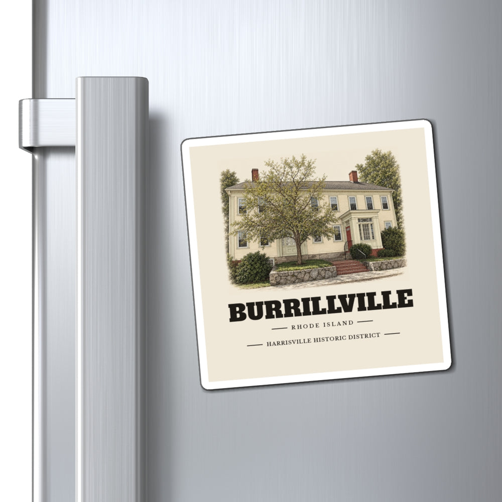 Burrillville Harrisville Historic District 4 inch magnet shown on a refrigerator