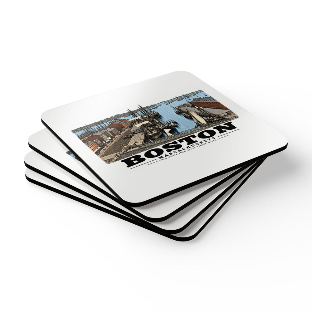 Long Wharf, from State St. block Cork Back Coaster Set - Boston Harbor