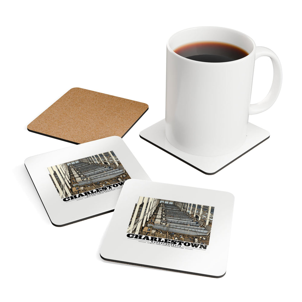 Landing-craft coasters shown beside cup with printed fronts and cork back