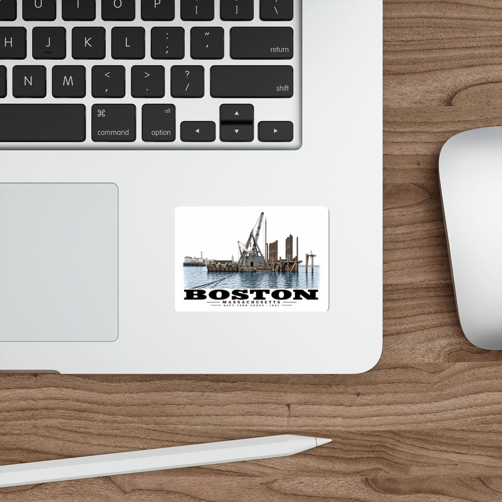 View from water of Navy Yard Annex/Dry Dock 4 in White Die-Cut Sticker - Boston Harbor