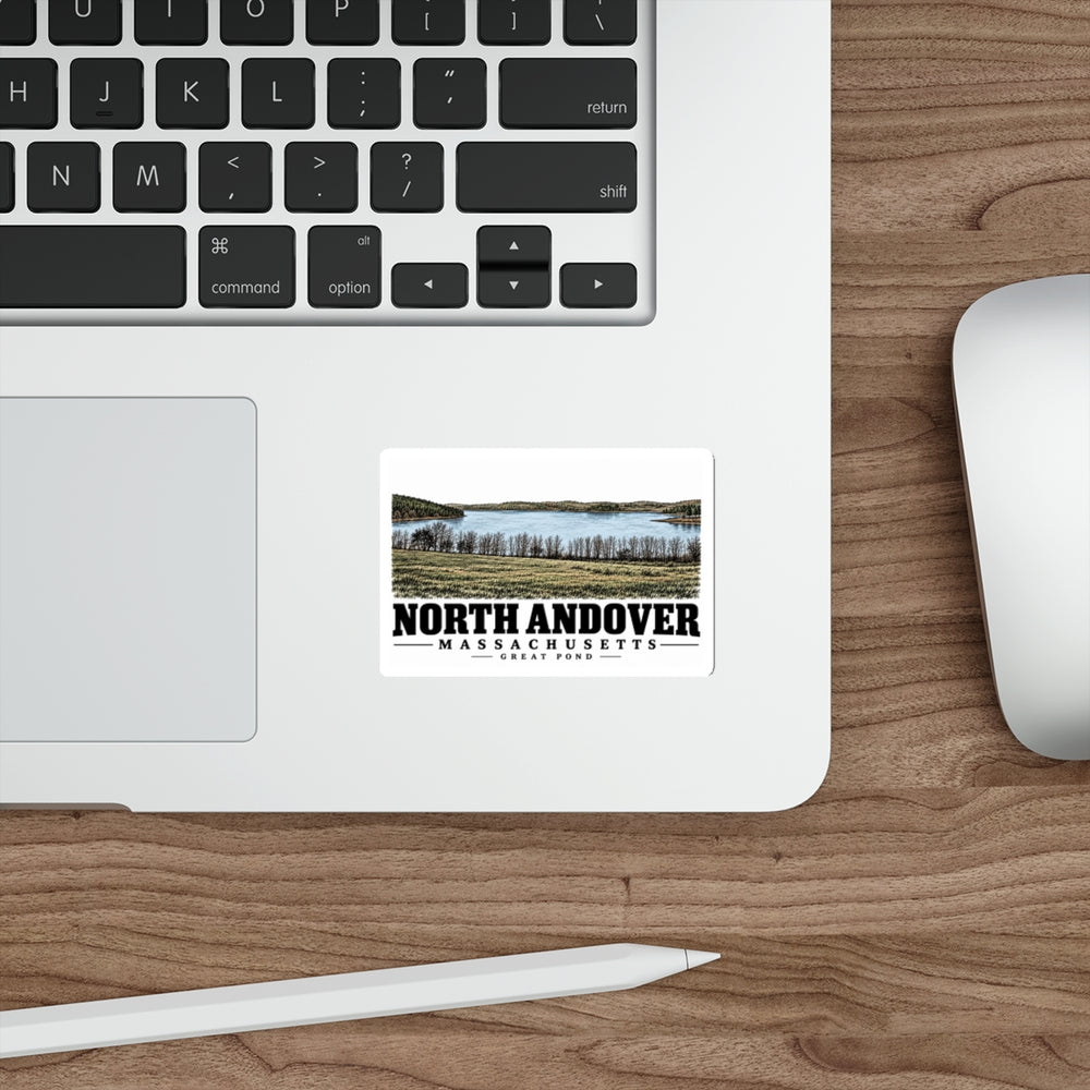 Laptop display of Great Pond white die-cut sticker, with North Andover, Massachusetts artwork and lettering.