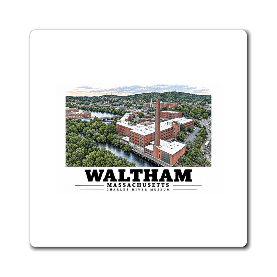 Front view of the square magnet with Waltham Charles River Museum artwork on a white background.