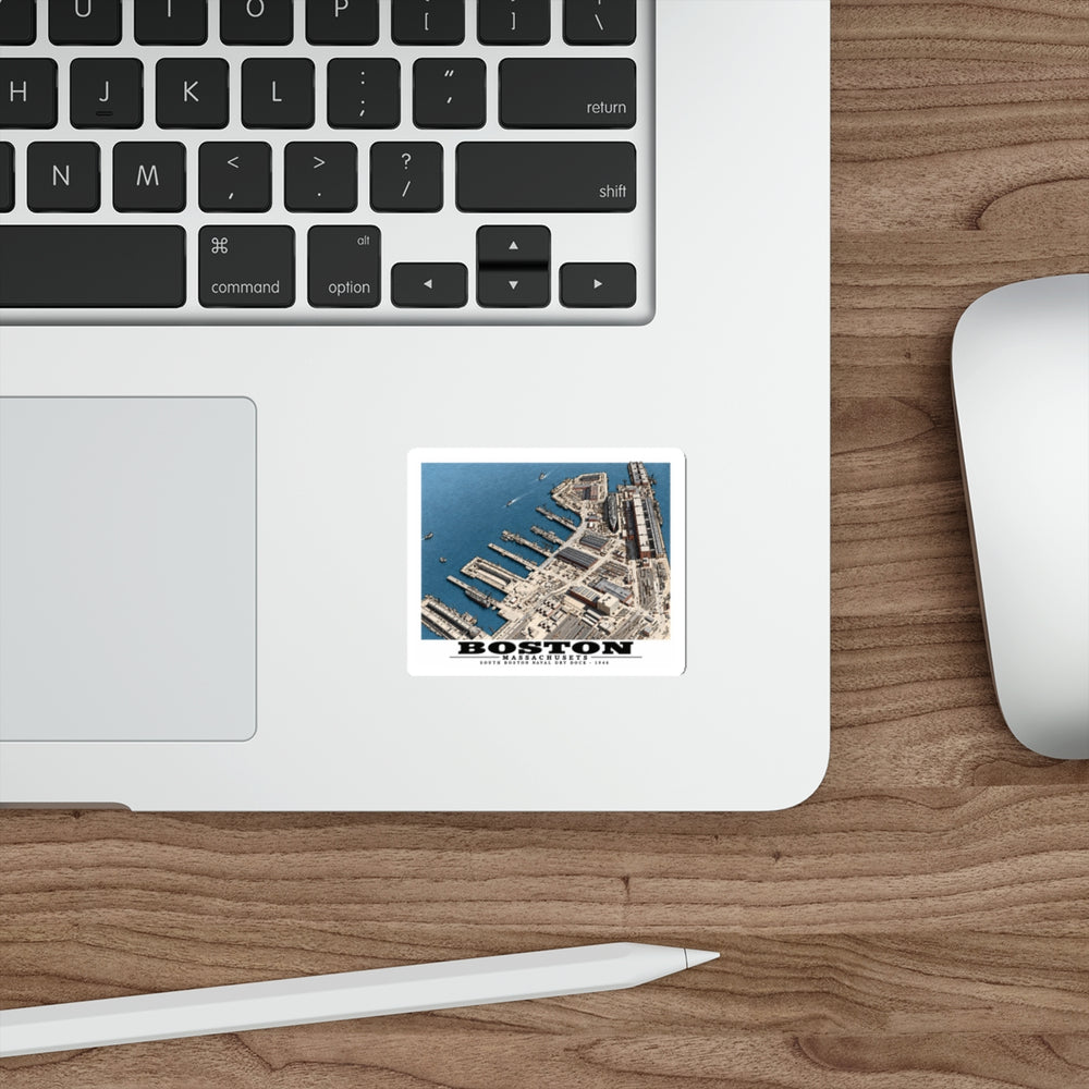 Aerial view of US Naval Dry Dock, South Boston showing development of facilities. HMS QUEEN MARY in Dry Dock #3 4 in White Die-Cut Sticker - Boston Harbor