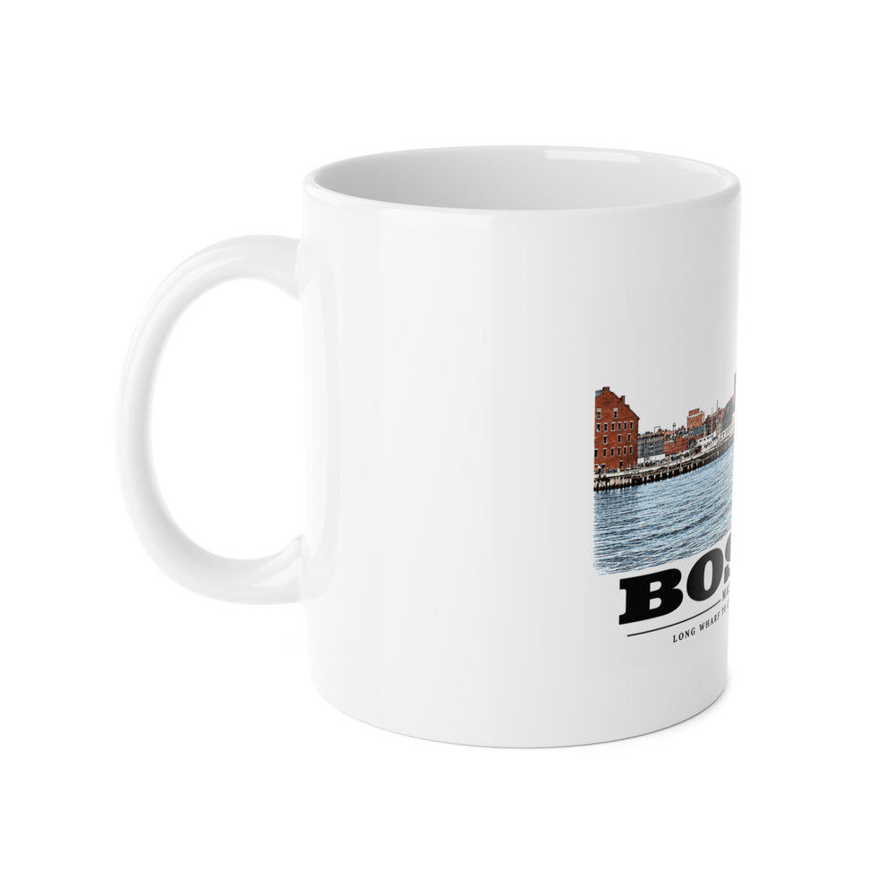 Long Wharf left to Commercial and Lewis right 11 oz White Ceramic Mug - Boston Harbor
