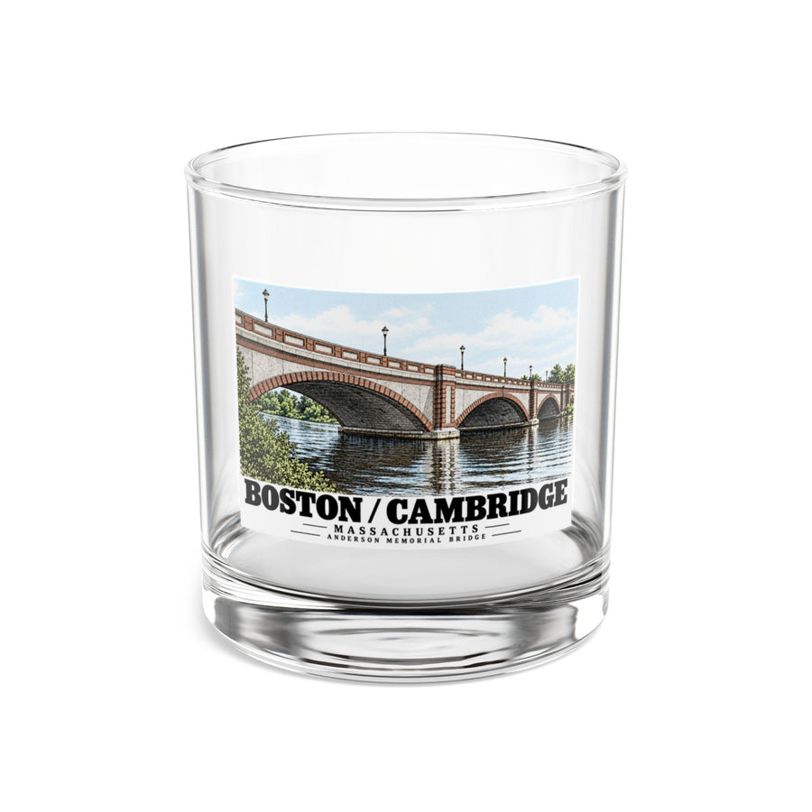 Clear rocks glass showing Anderson Memorial Bridge close arch view artwork and Boston/Cambridge lettering