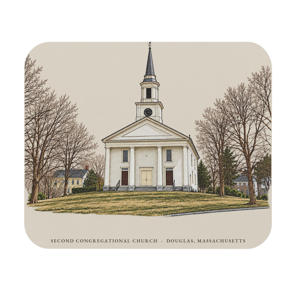 Douglas Second Congregational Church mouse pad mockup showing the full illustrated print
