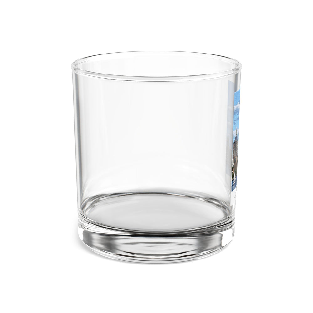 Illustrated Boston, Massachusetts, from the Charles River in Boston and Cambridge on rocks glass