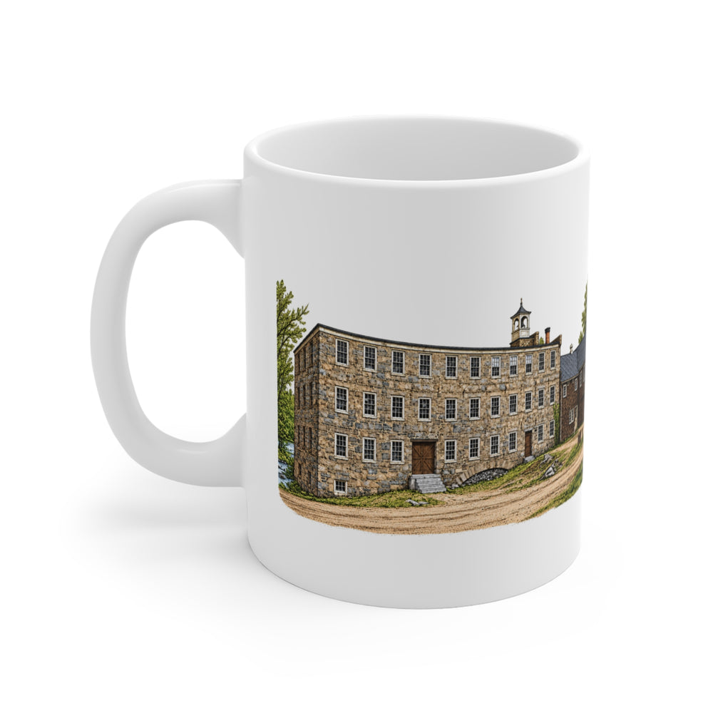 Douglas Axe Company / Lovett Mill 11 oz ceramic mug — artwork view, handle left — Familiar History