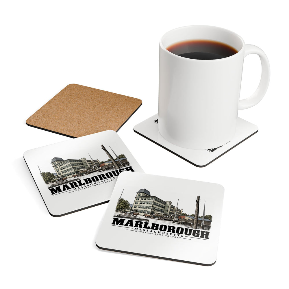 Illustrated Douglass Shoe Factory in Marlborough on corkwood coaster set