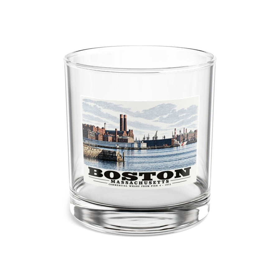 Clear rocks glass showing Commercial Wharf waterfront buildings, twin chimneys and harbor water artwork and Boston lettering