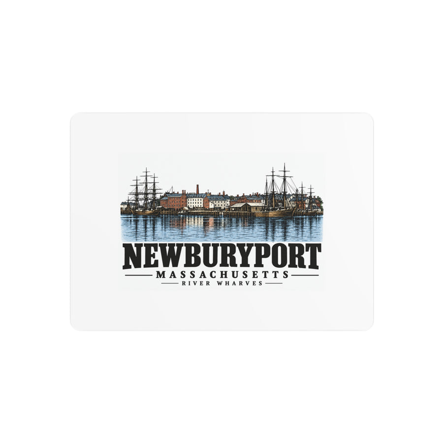 Front of River Wharves metal wall art, with Newburyport, Massachusetts artwork and lettering.