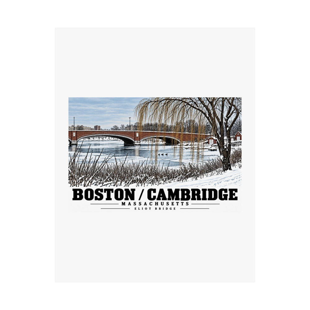 Flat Eliot Bridge winter river view with snow and bare trees poster with Boston/Cambridge lettering
