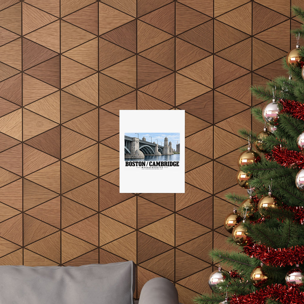 Longfellow Bridge poster on a wood-patterned wall beside a decorated evergreen.