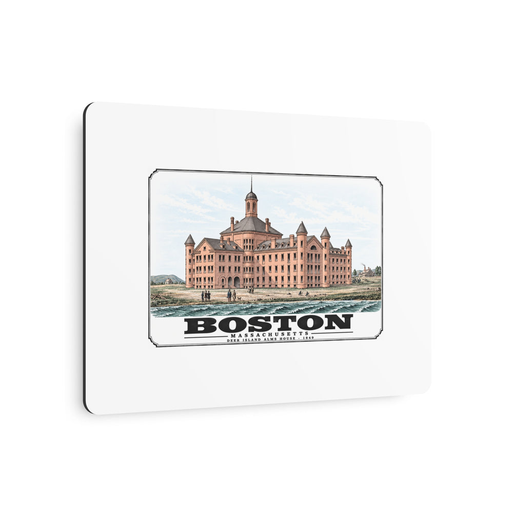 Angled view of large symmetrical alms house building, grounds and figures metal print with its dark edge visible