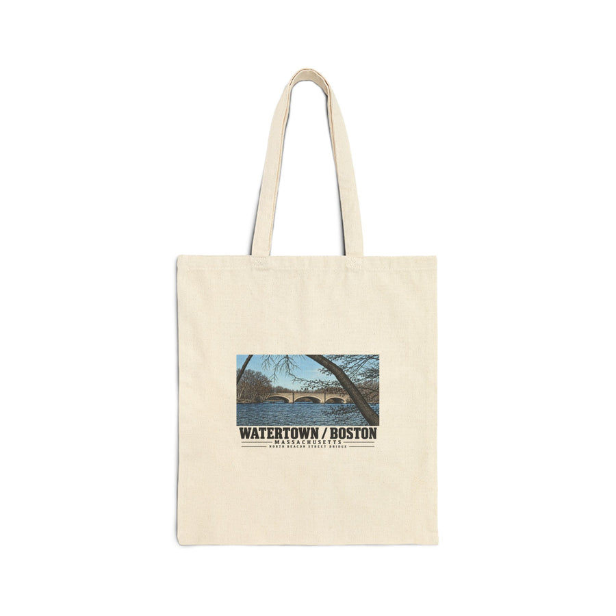 Natural fabric tote with North Beacon Street Bridge stone arches framed by a bare tree artwork and Watertown/Boston lettering