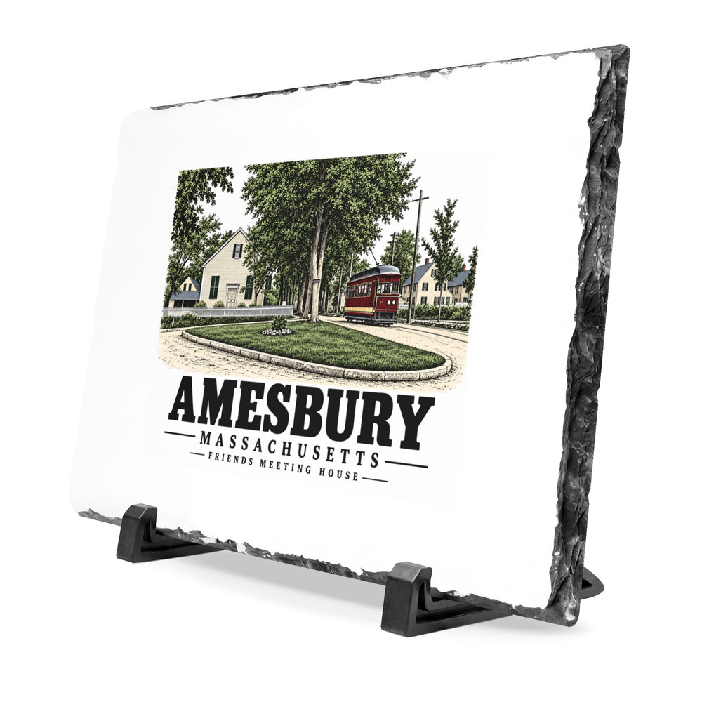 Angled front on display stands of Friends Meeting House slate desk plaque, with Amesbury, Massachusetts artwork and lettering.
