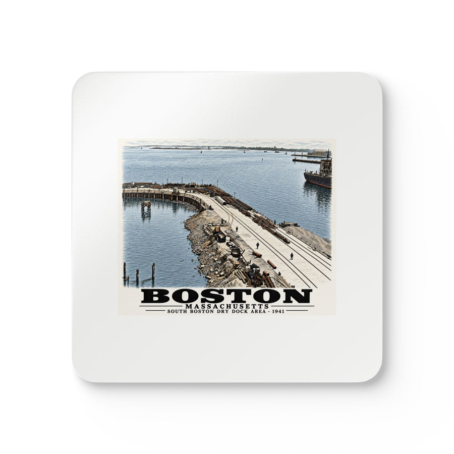South Boston Dry Dock Area April 16-41 from roof of elevator shaft S Cork Back Coaster Set - Boston Harbor