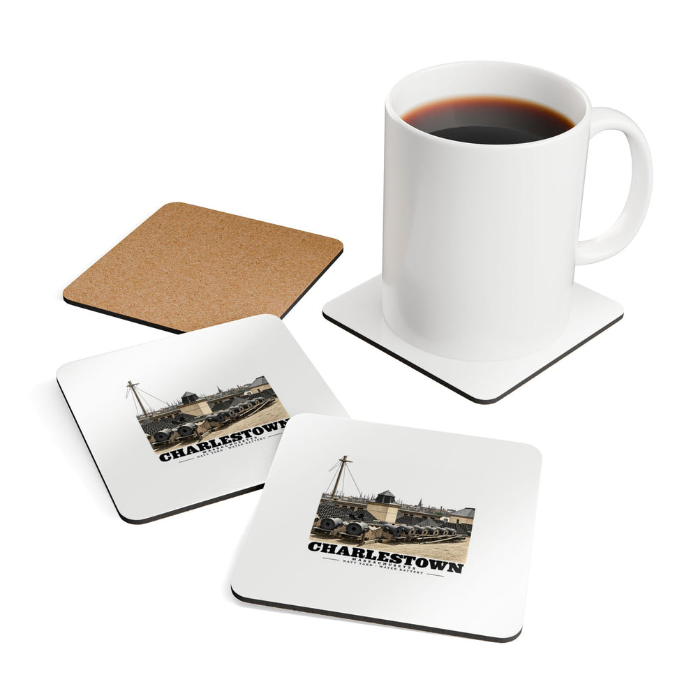 Water Battery coasters shown beside cup with printed fronts and cork back