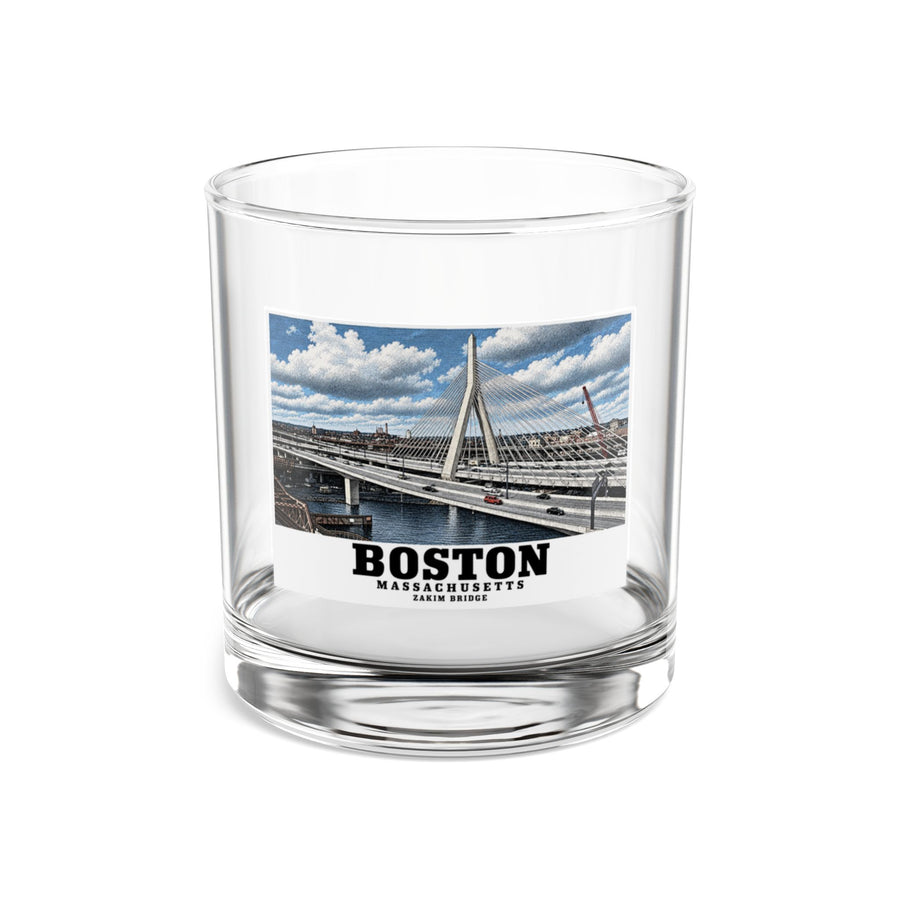 Clear rocks glass showing Zakim Bunker Hill Bridge cable-stayed towers and Charles River artwork and Boston lettering